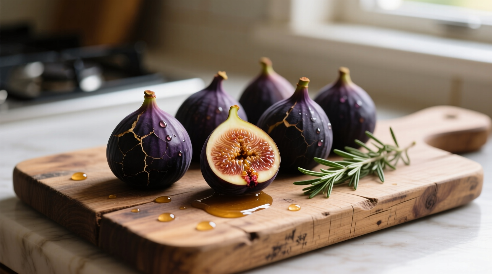 Ripe Black Mission figs on wooden cutting board