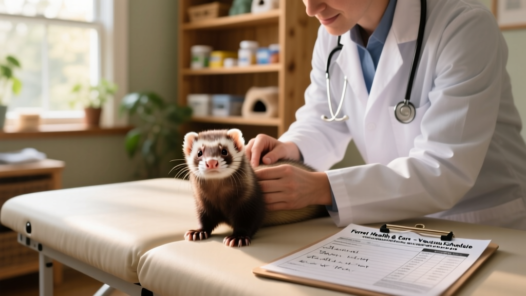 Veterinarian gently examining a calm ferret on a padded exam table with vaccination records visible