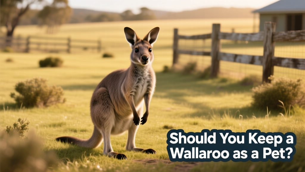 A wallaroo standing alert in a grassy, open enclosure with low shrubs and a sturdy fence in the background