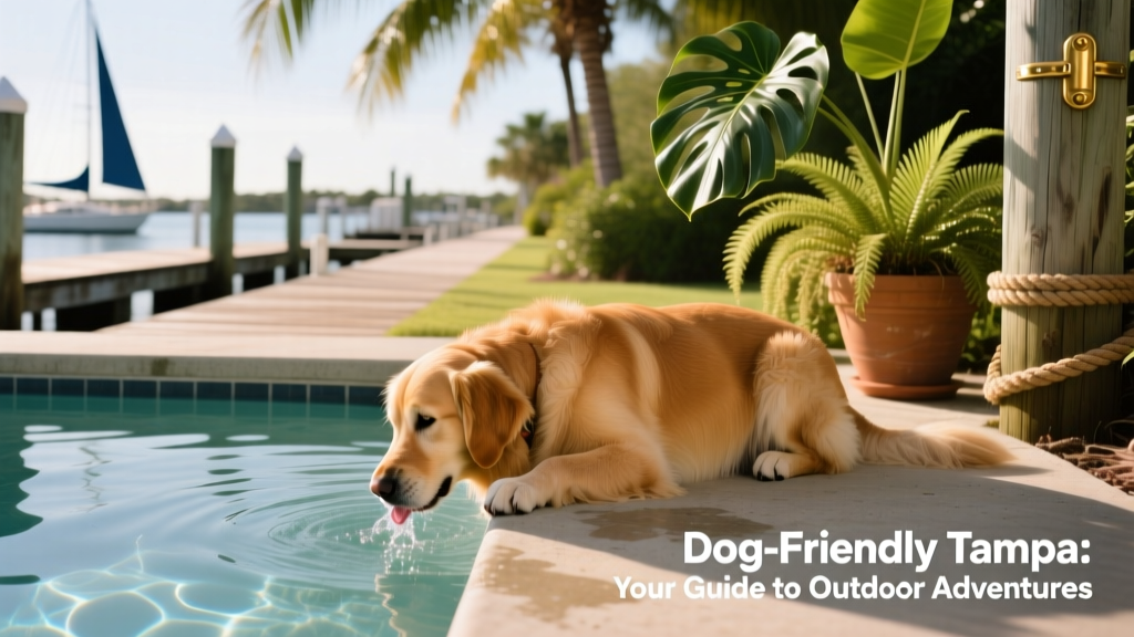 A relaxed dog drinking from a pool in a sunny dockside garden setting