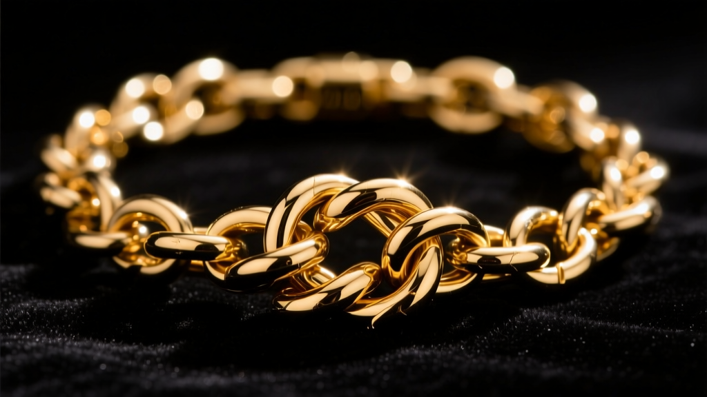 Macro shot of a tangled 14k gold-filled Permalinx bracelet chain on dark velvet, illuminated by a harsh directional jeweler's lamp.