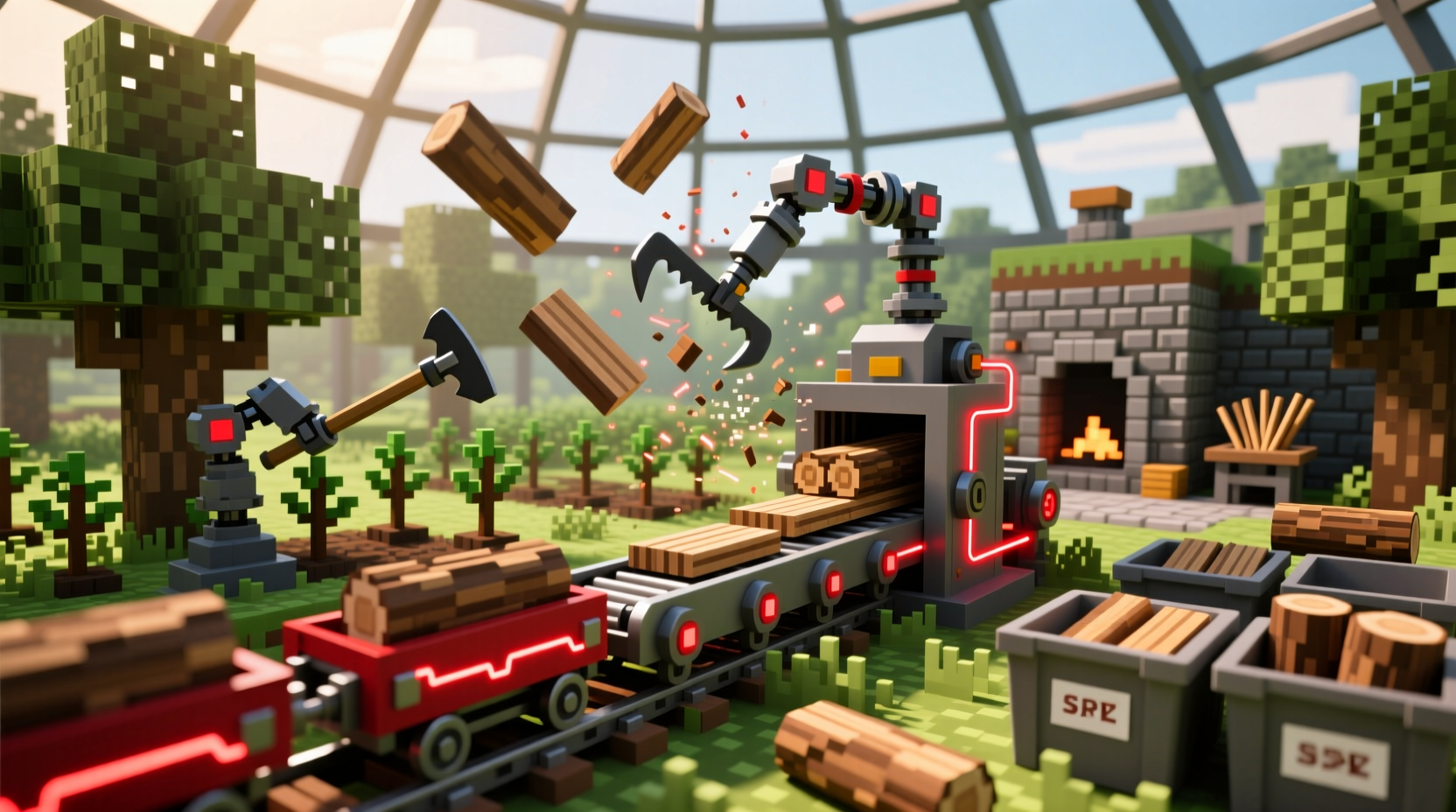 Automated Minecraft tree farm producing wood planks for stick crafting