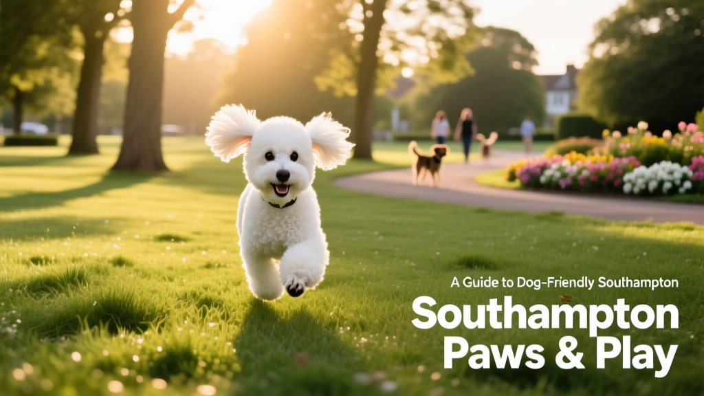a small white poodle mid-stride, running through lush green grass in a sunlit dog-friendly park in Southampton