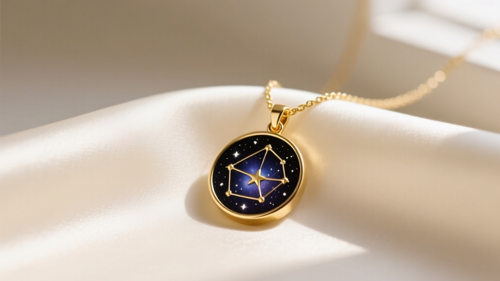 Close-up of an 18k gold vermeil Amano Studio necklace with a custom star map pendant resting on soft ivory silk fabric.