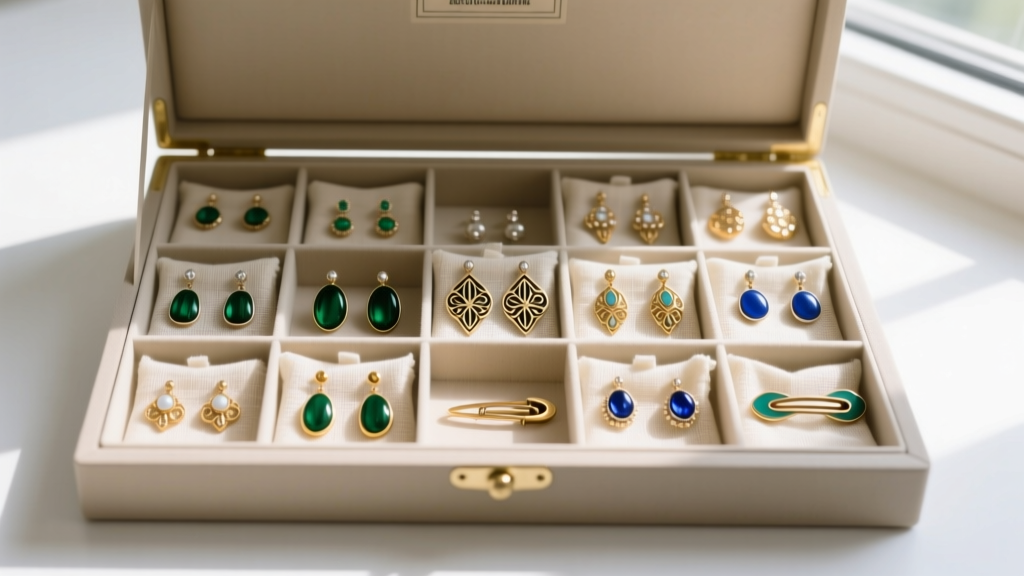 Open acid-free archival box with compartments holding cleaned vintage earrings wrapped in unbleached muslin fabric pieces.