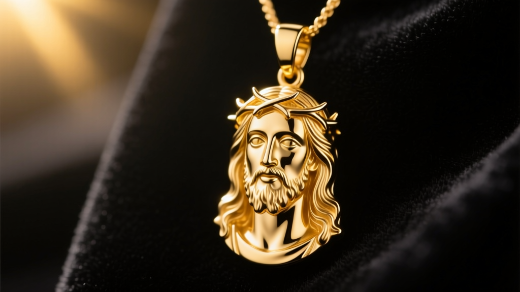 14k yellow gold Jesus pendant on black velvet, lit by warm light to show intricate facial details and a bright mirror polish.