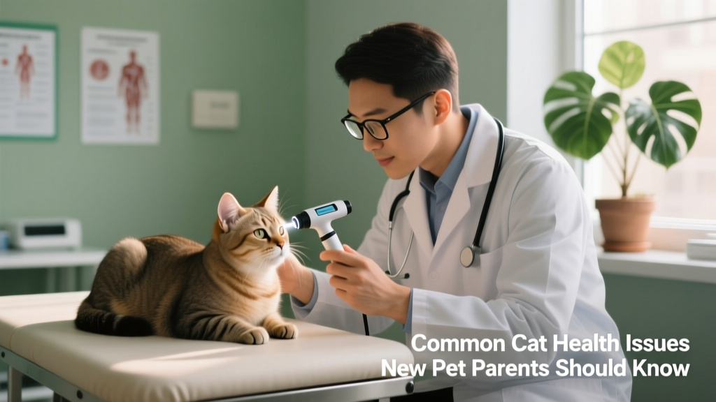 A veterinarian gently examining a relaxed cat on an exam table, using a digital otoscope