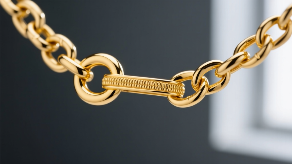 Macro shot of an 18k yellow gold toggle clasp securing a 4mm Cuban link chain, highlighting the textured bar against dark slate