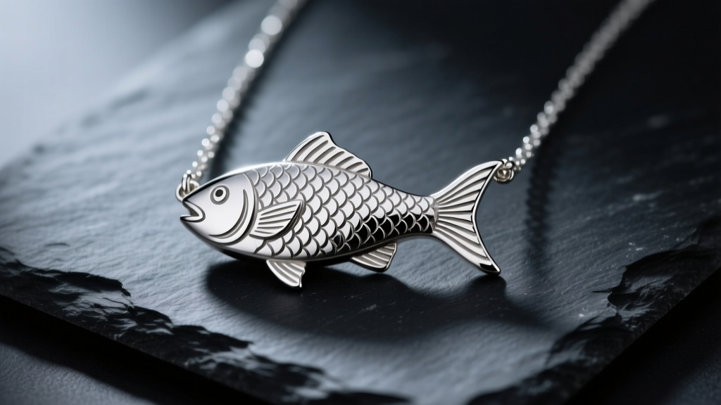 Sterling silver ichthys fish necklace on dark slate, showing detailed scale engravings under soft directional studio lighting.