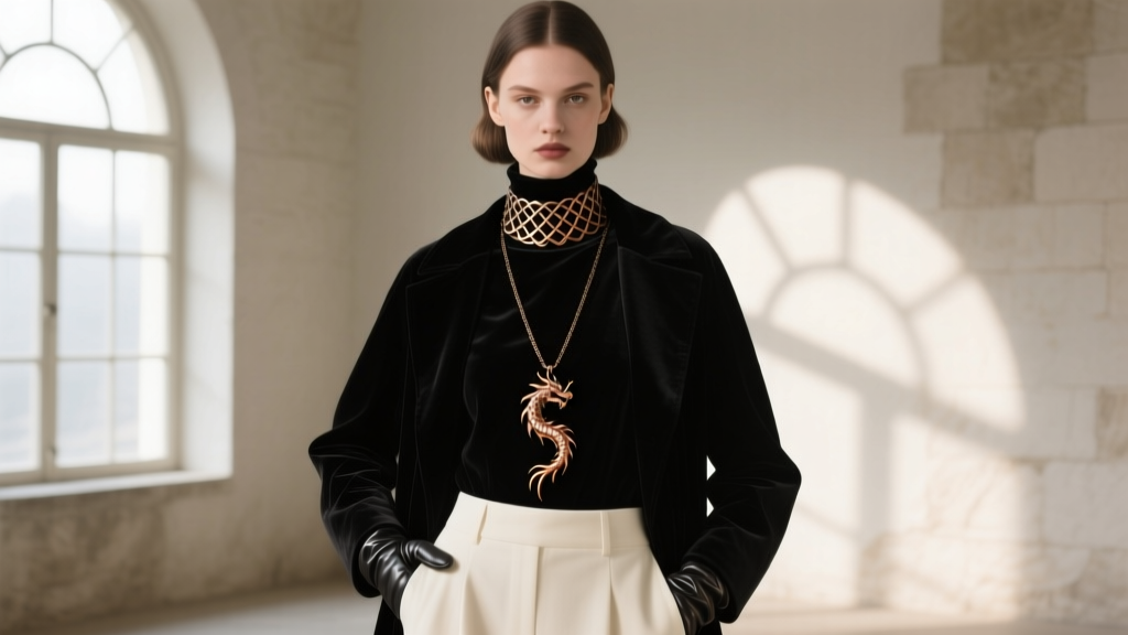 Model in dark academia attire wearing a 20-inch titanium dragonbone weave choker layered with a long bronze dragon claw pendant.