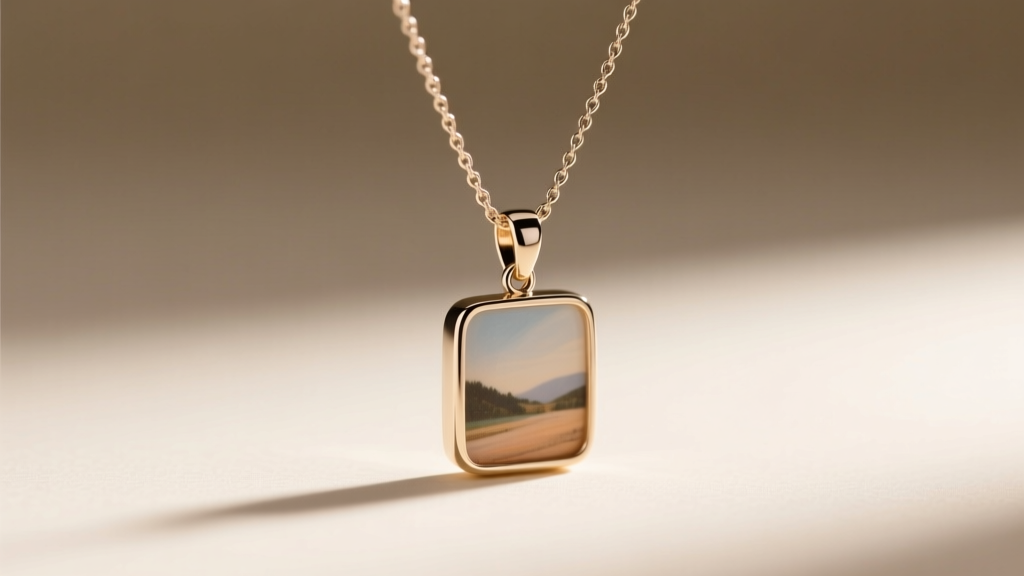 Side profile of a picture necklace pendant on a 1.2mm cable chain attached via a soldered jump ring bail on a neutral background