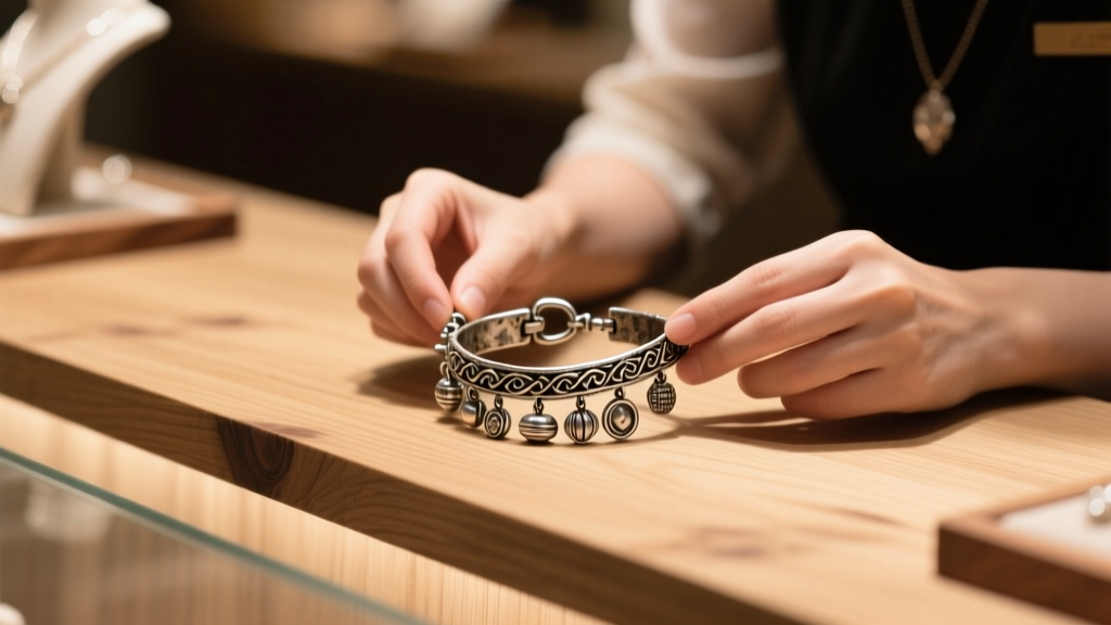 Jewelry associate at a wooden counter examining an oxidized sterling silver charm bracelet under bright, warm display lighting