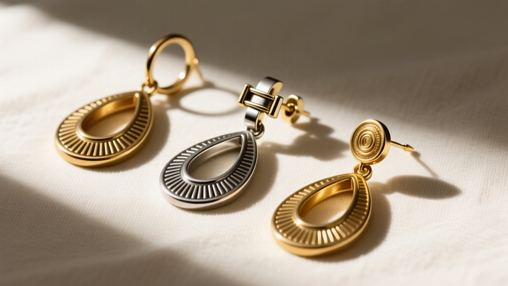 Flat lay of three tribal teardrop earrings in brass, steel, and gold, showing different clasp mechanisms and metal weights.