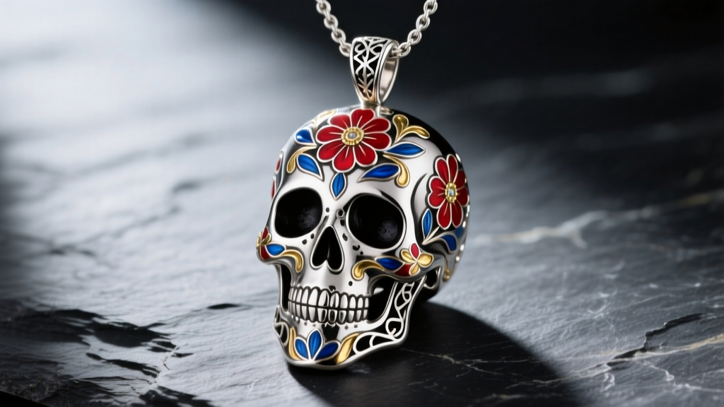 Sterling silver sugar skull pendant with enamel flowers on slate, studio lighting highlighting intricate metalwork and dark oxidized patina.