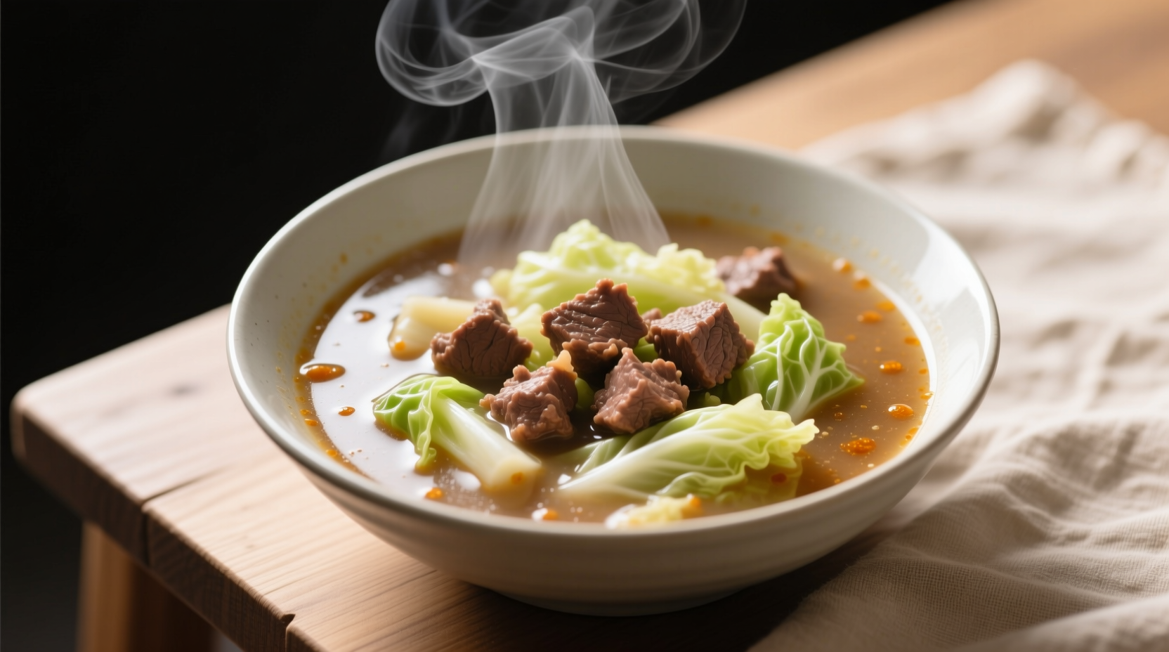Cabbage soup with ground beef in a rustic bowl, showing shredded cabbage and lean meat chunks in a light broth