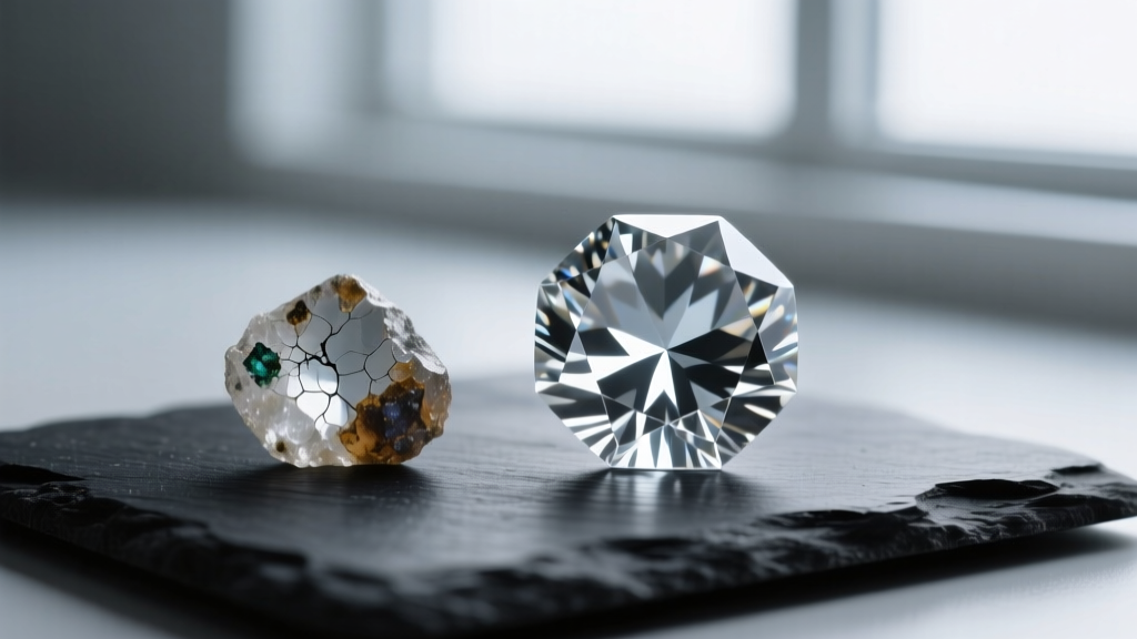 Macro photography comparing a mined diamond with rough inclusions and a flawless lab-grown diamond resting on a dark slate surface