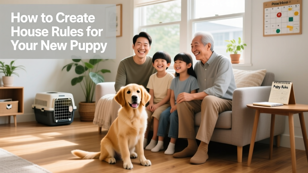 A diverse family smiling together with their calm, well-behaved puppy seated at their feet
