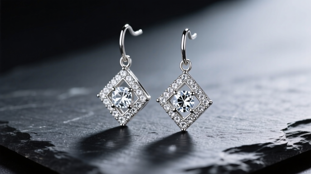 Close-up of rhodium-plated sterling silver drop earrings with pavé cubic zirconia on dark slate under soft studio lighting.