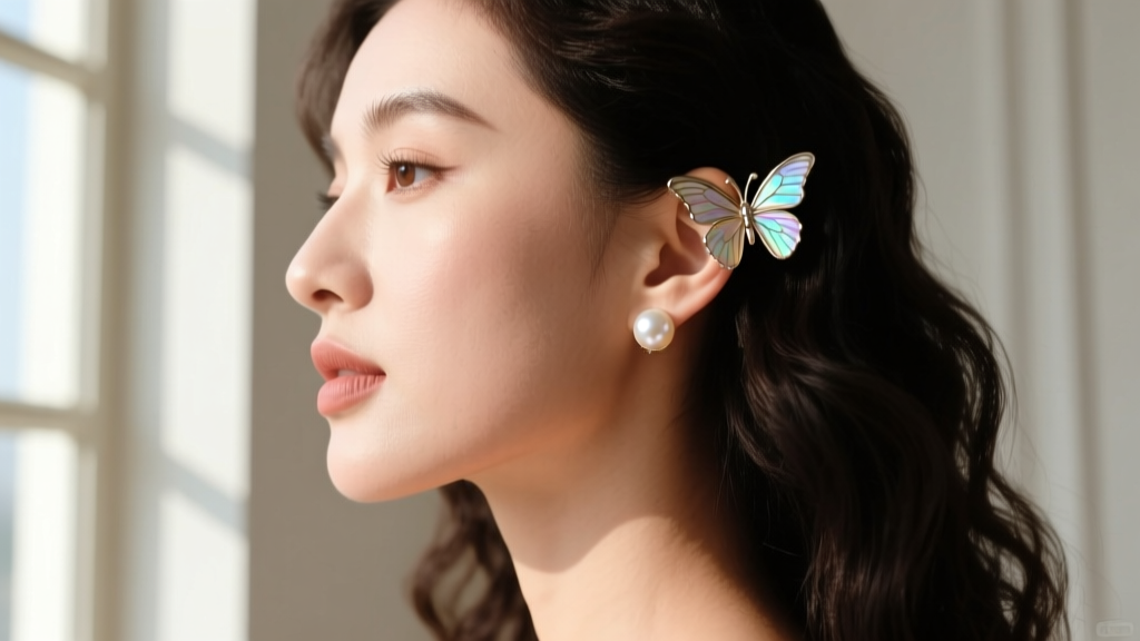 Side profile of woman wearing pearl stud earrings with butterfly closures, showing secure fit against the earlobe in daylight