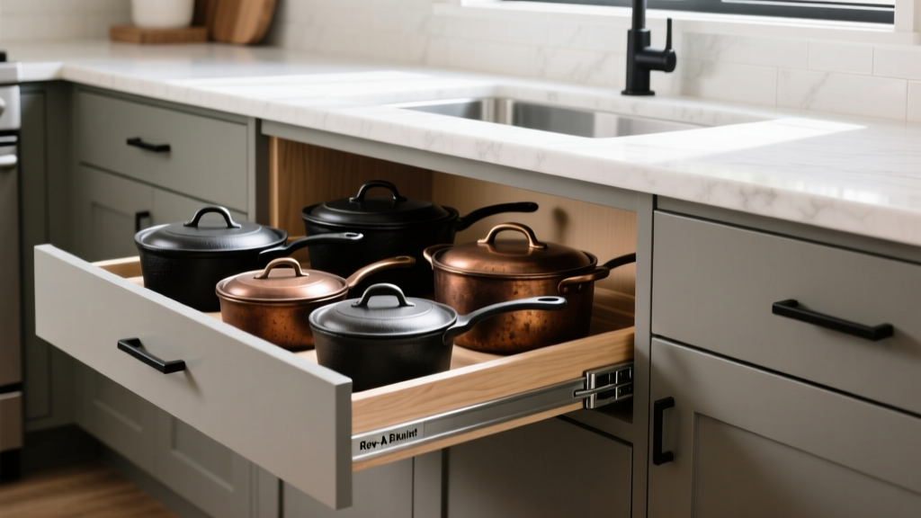 Open kitchen base cabinet revealing a Rev-A-Shelf soft-close pull-out organizer system filled with heavy cast iron pots