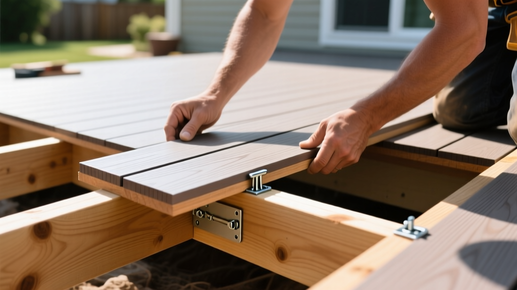 Contractor installing capped composite decking boards using hidden T-clip fasteners on pressure-treated wooden joist frame outdoors