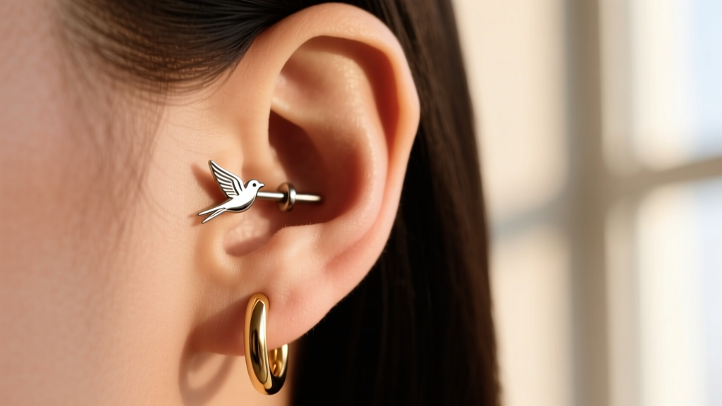 Profile close-up of an ear showing a 16-gauge titanium flat-back sparrow stud in the helix, styled with a seamless gold hoop.