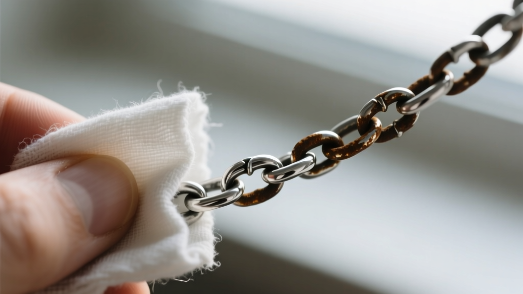 Macro shot of a treated cotton cloth wiping an oxidized sterling silver chain, revealing bright polished metal beneath the tarnish.