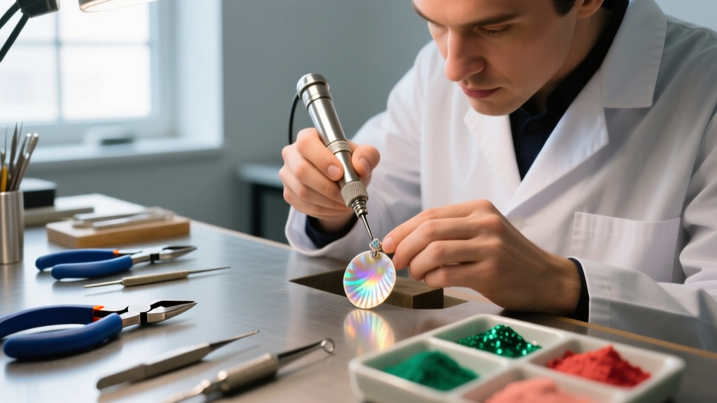 Jeweler using a flex shaft to bezel-set a sunrise shell pendant, with metalworking tools and polishing compounds on the workbench.