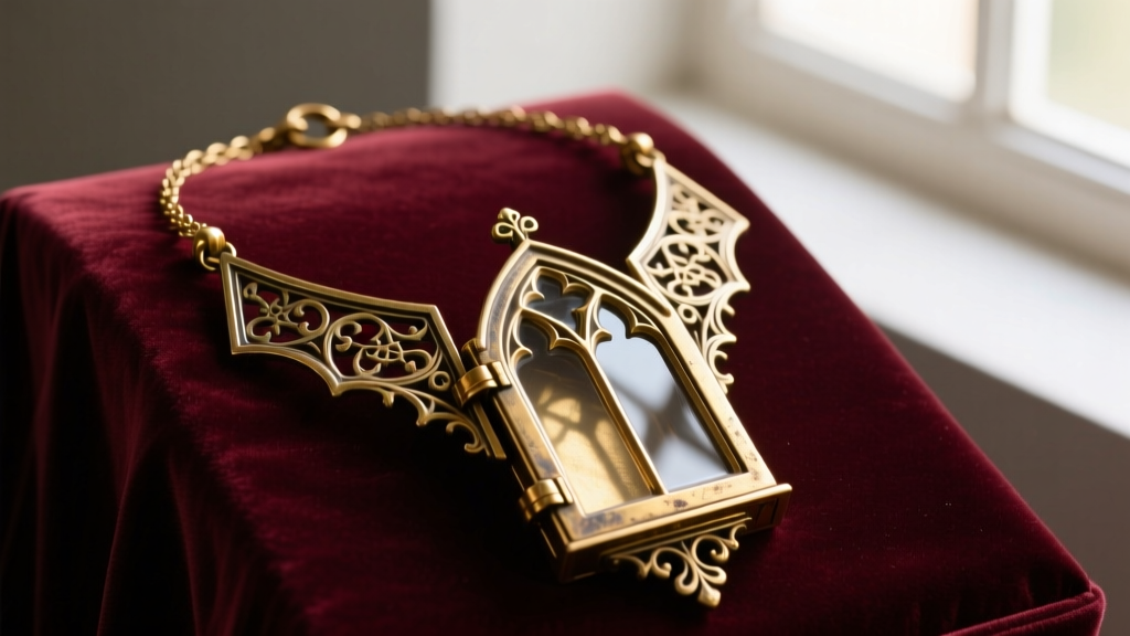 Antique brass open tomb necklace on velvet, showcasing intricate gothic hinges and a thick glass reliquary front compartment.