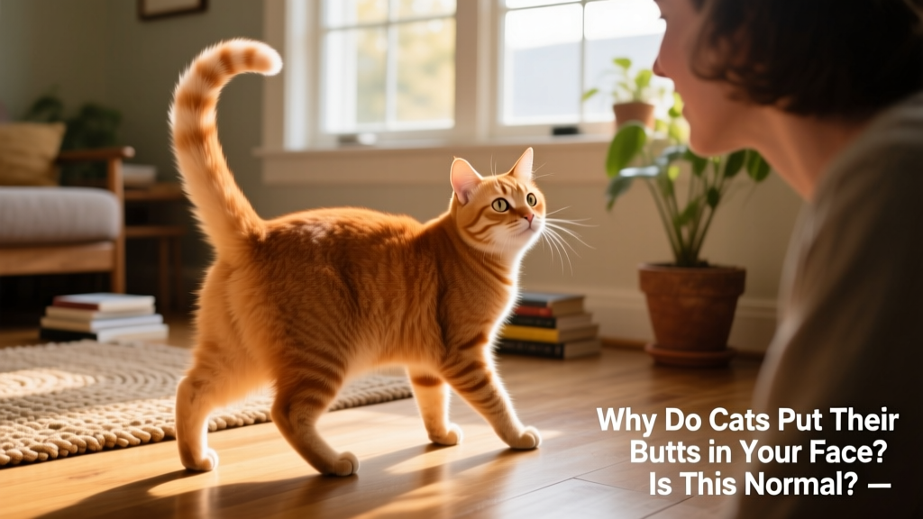 A relaxed ginger cat turning toward a person with tail held high, rear end gently presented