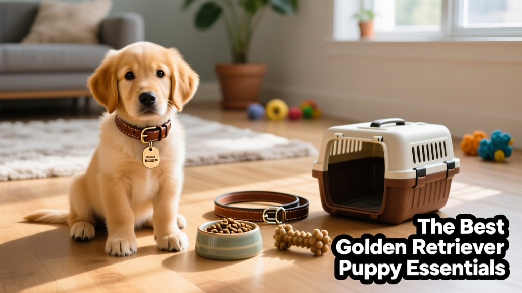 Golden Retriever puppy sitting calmly beside a neatly arranged set of essential supplies: collar, leash, food bowl, chew toy, and crate