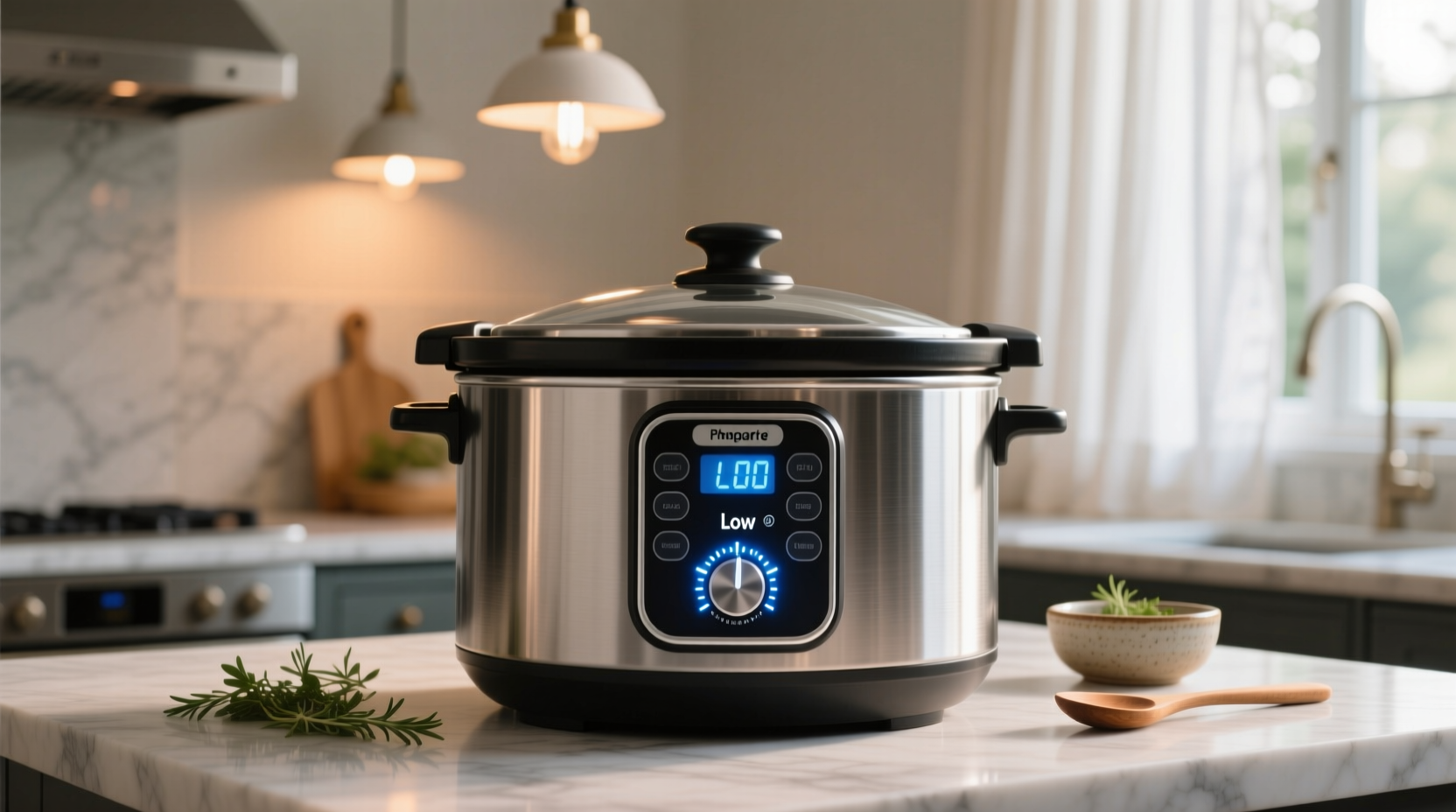 Slow cooker showing low temperature setting