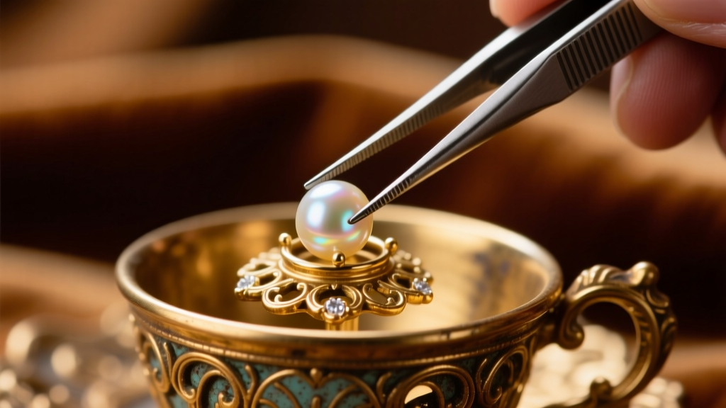 Tweezers placing a tiny half-drilled seed pearl into an antique gold cup setting using specialized two-part jeweler's epoxy cement