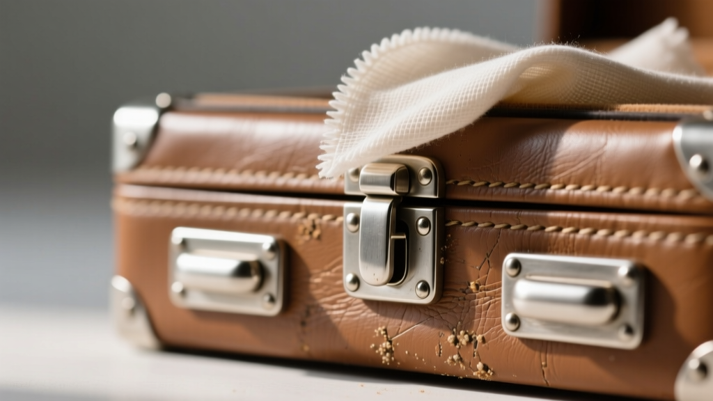 Macro shot of tarnished silver-plated drawer pulls on a leatherette jewelry box gently polished with a soft microfiber cloth