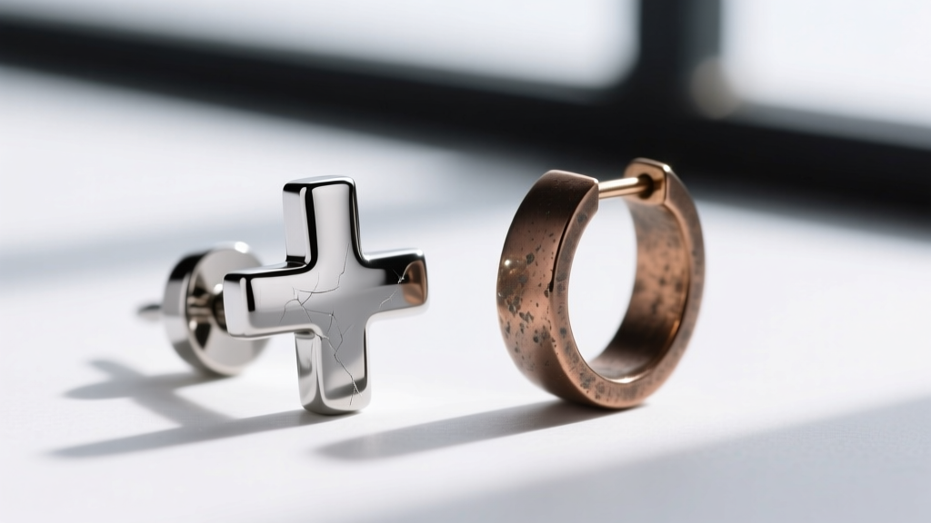 Macro shot of a polished 18-gauge titanium cross earring post beside a dull alloy earring, showing skin-safe metal finishing.