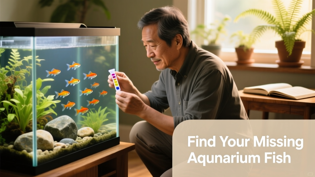 Aquarium owner using a liquid test kit to check water parameters at the edge of a well-maintained freshwater tank