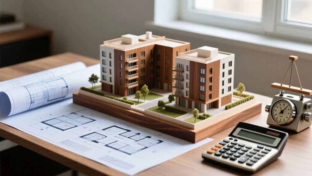 Blueprints and calculators on a desk beside a wooden scale model of a modern mid-rise apartment building complex