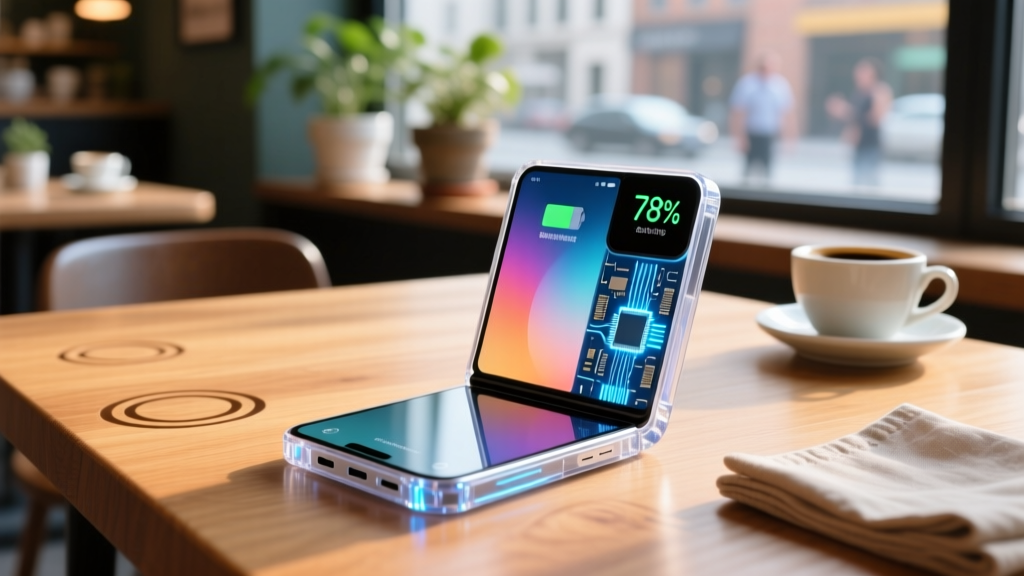 Transparent solid-state power bank with digital OLED battery percentage charging a foldable smartphone on a wooden cafe table