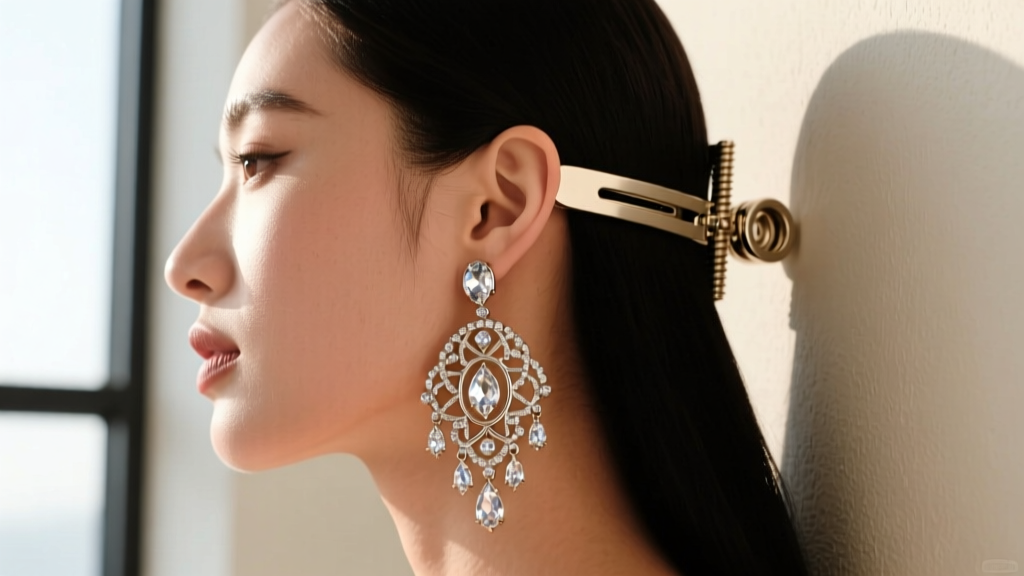 Side profile of a woman wearing a heavy chandelier earring converted with a wide screw-back clip-on, showing secure earlobe fit.