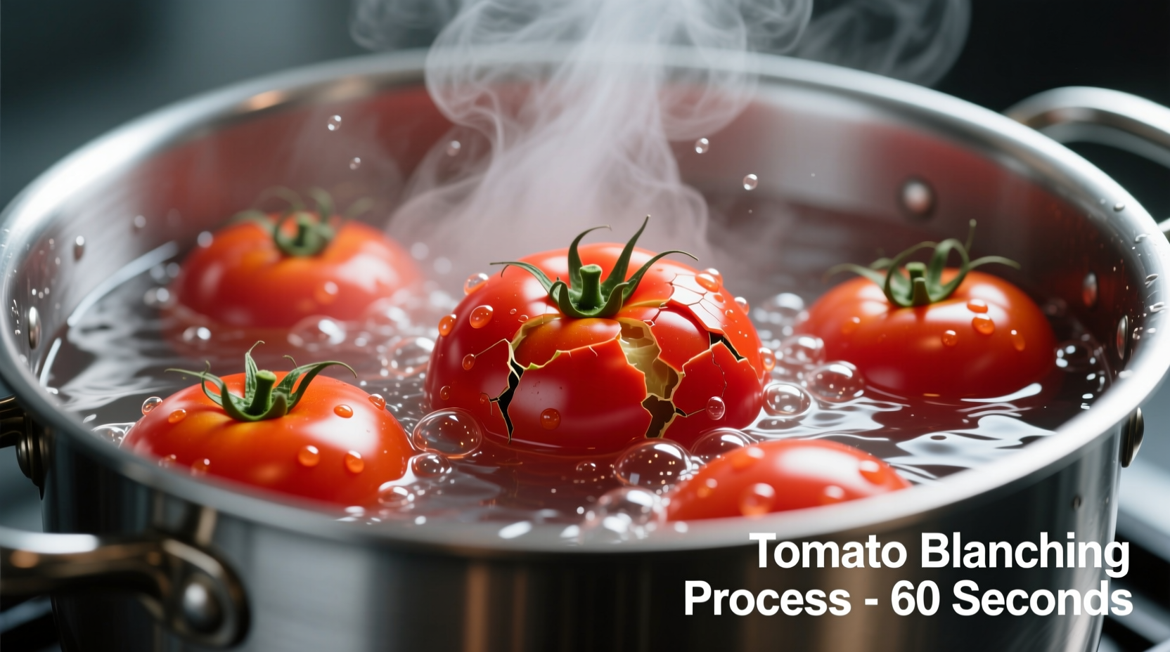 Tomato blanching process showing tomatoes in boiling water