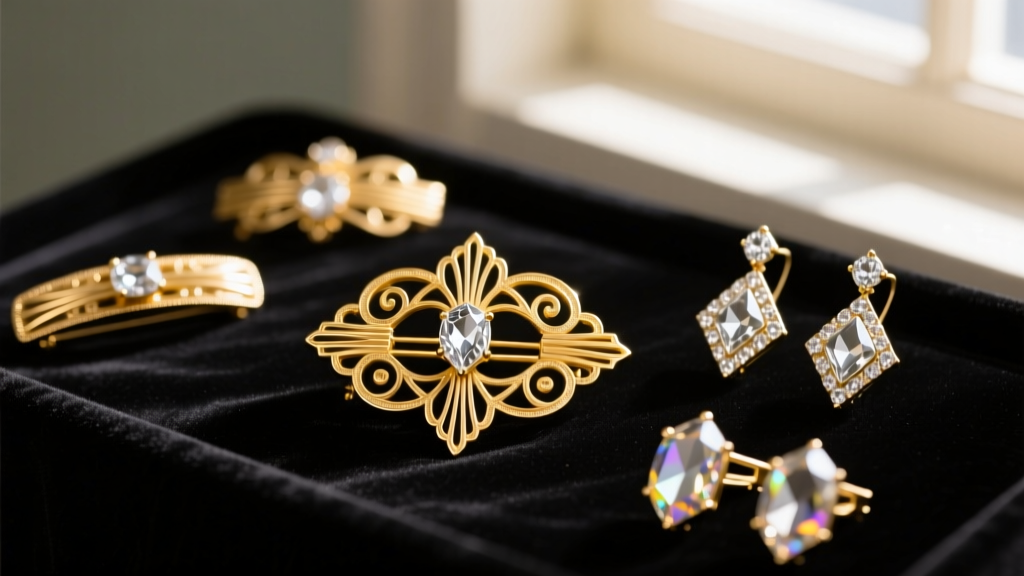 Vintage 1950s gold-plated costume brooches and faceted rhinestone clip-on earrings on a dark velvet jeweler