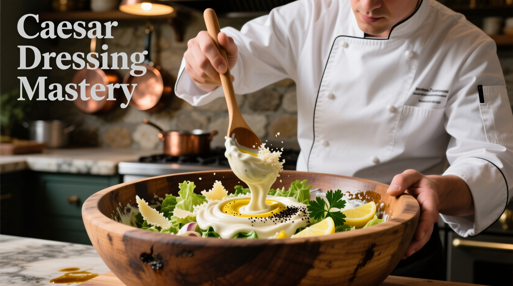 Chef preparing Caesar salad dressing in wooden bowl