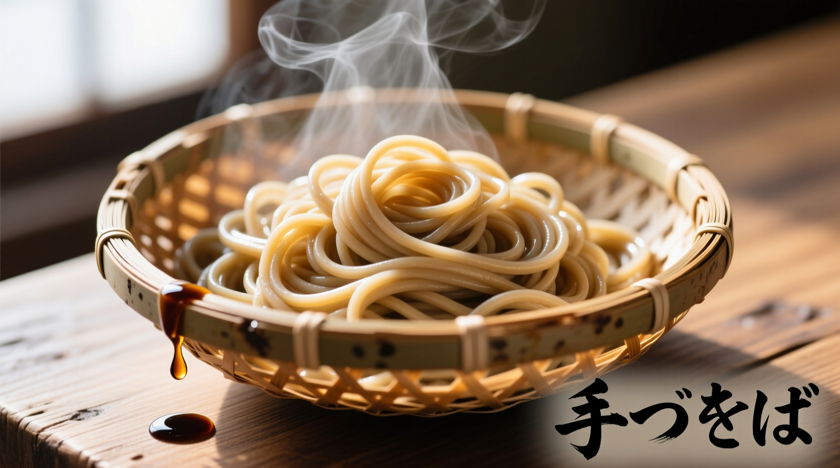 Freshly cooked soba noodles in bamboo basket