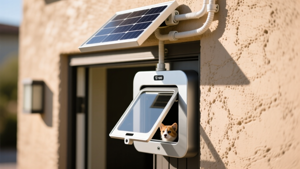 Close-up of a motorized pet door installed in a stucco exterior wall, with a small 10-watt solar panel wired directly to the top frame