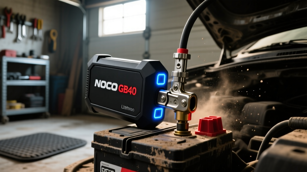 The NOCO GB40 portable lithium car jump starter clamped onto a dusty 12V car battery terminal in a dimly lit garage