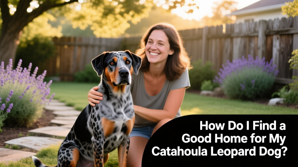 A calm, confident Catahoula Leopard Dog sitting beside a smiling adult in a sunlit backyard