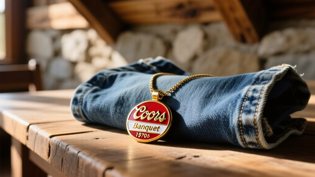 Vintage 1970s Coors Banquet enamel pendant necklace resting on faded denim, lit by warm directional sunlight in a rustic setting