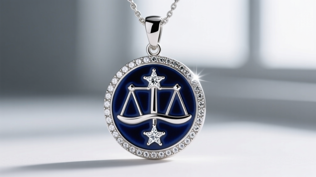 Macro shot of a silver libra pendant showing dark blue enamel backgrounds contrasting with bright bezel-set zirconia stars