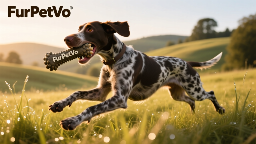 German Wirehaired Pointer playing fetch in a grassy field with a durable chew toy from FurPetVo