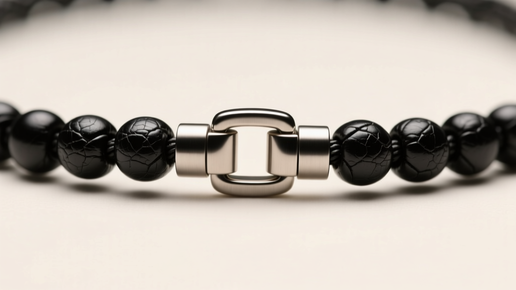 Macro shot of a brushed titanium magnetic clasp connecting a black braided leather bead necklace under soft studio lighting